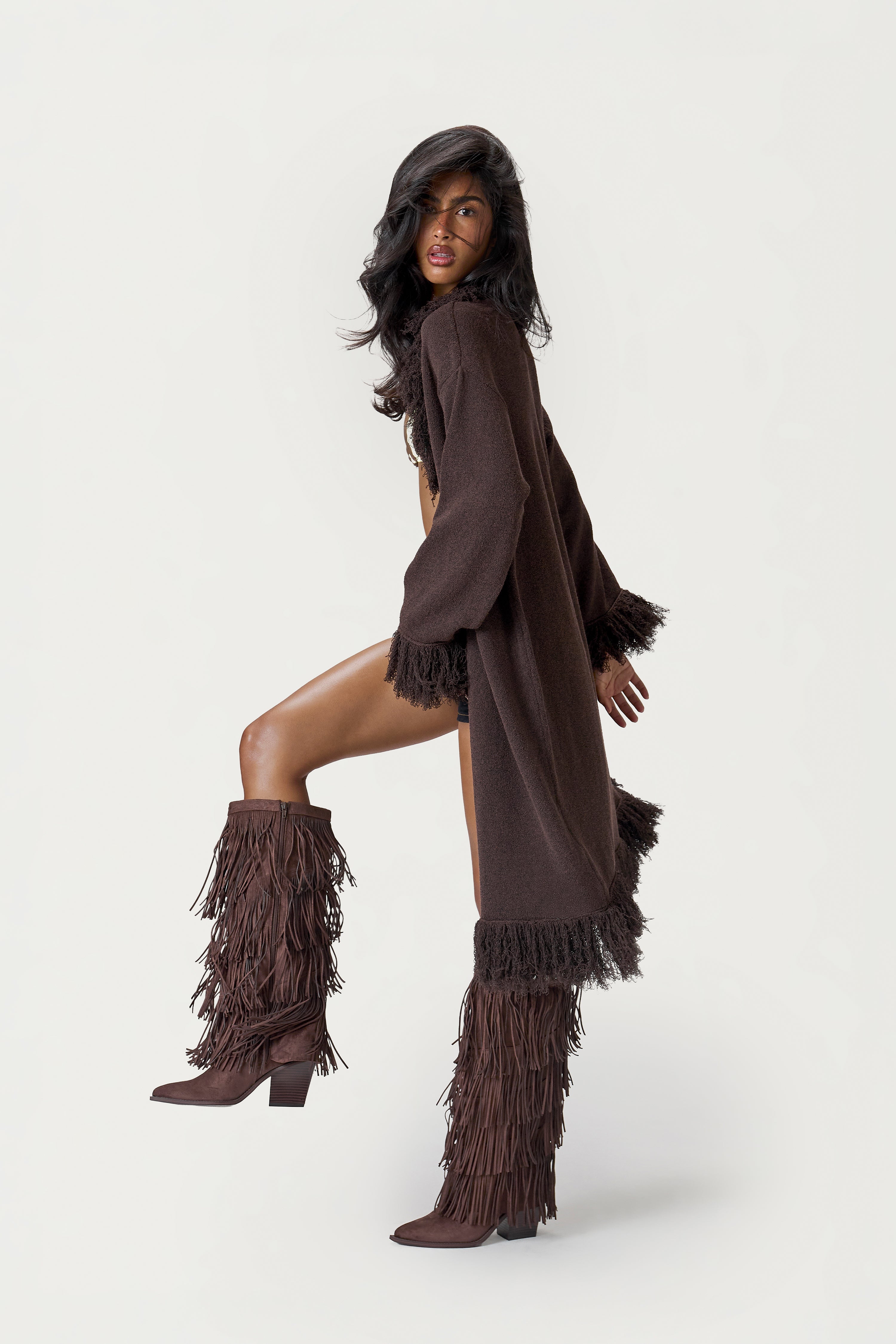 Santana Fringe Midi Cardigan in Brown – Sisters and Seekers