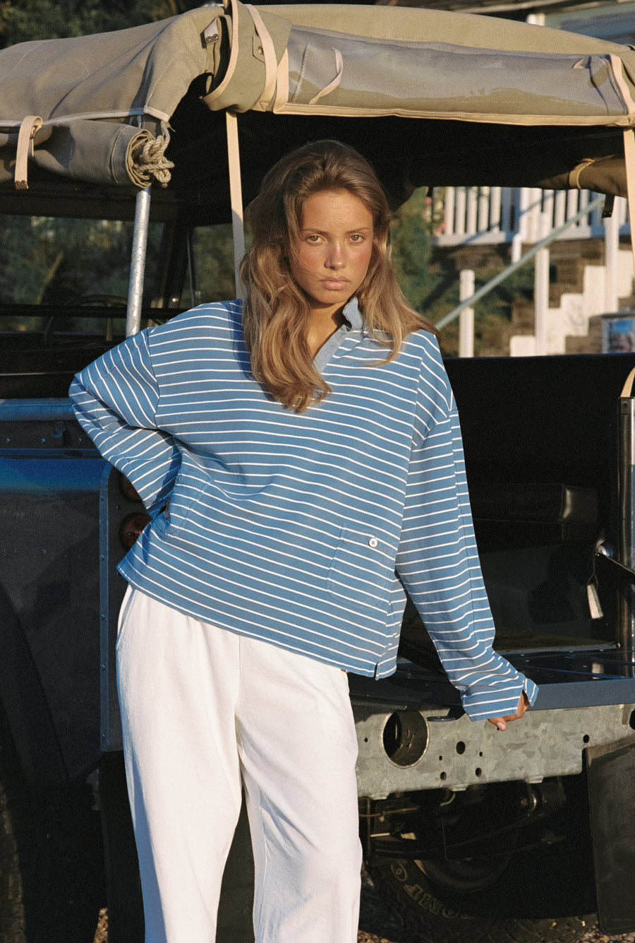 Juno Polo Collar Top in Blue Wash