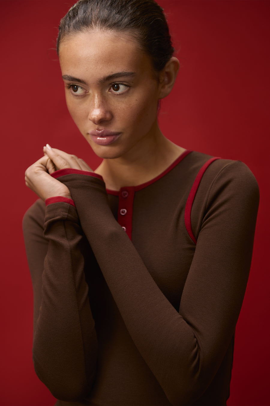 Huggie Layered Long Sleeve Top in Brown