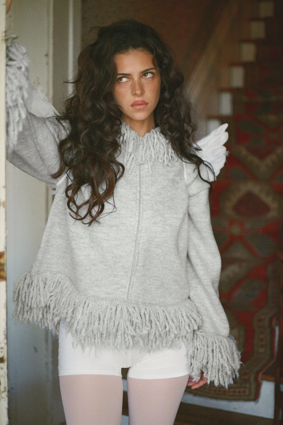 Tuscan Fringe Knit Zip Up in Light Grey