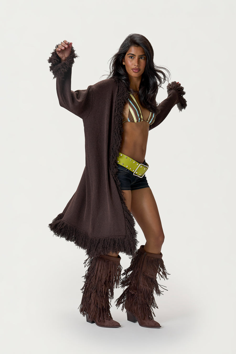 Santana Fringe Midi Cardigan in Brown