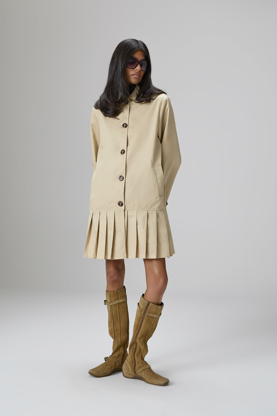 Patter Pleat Trench Coat in Classic Beige
