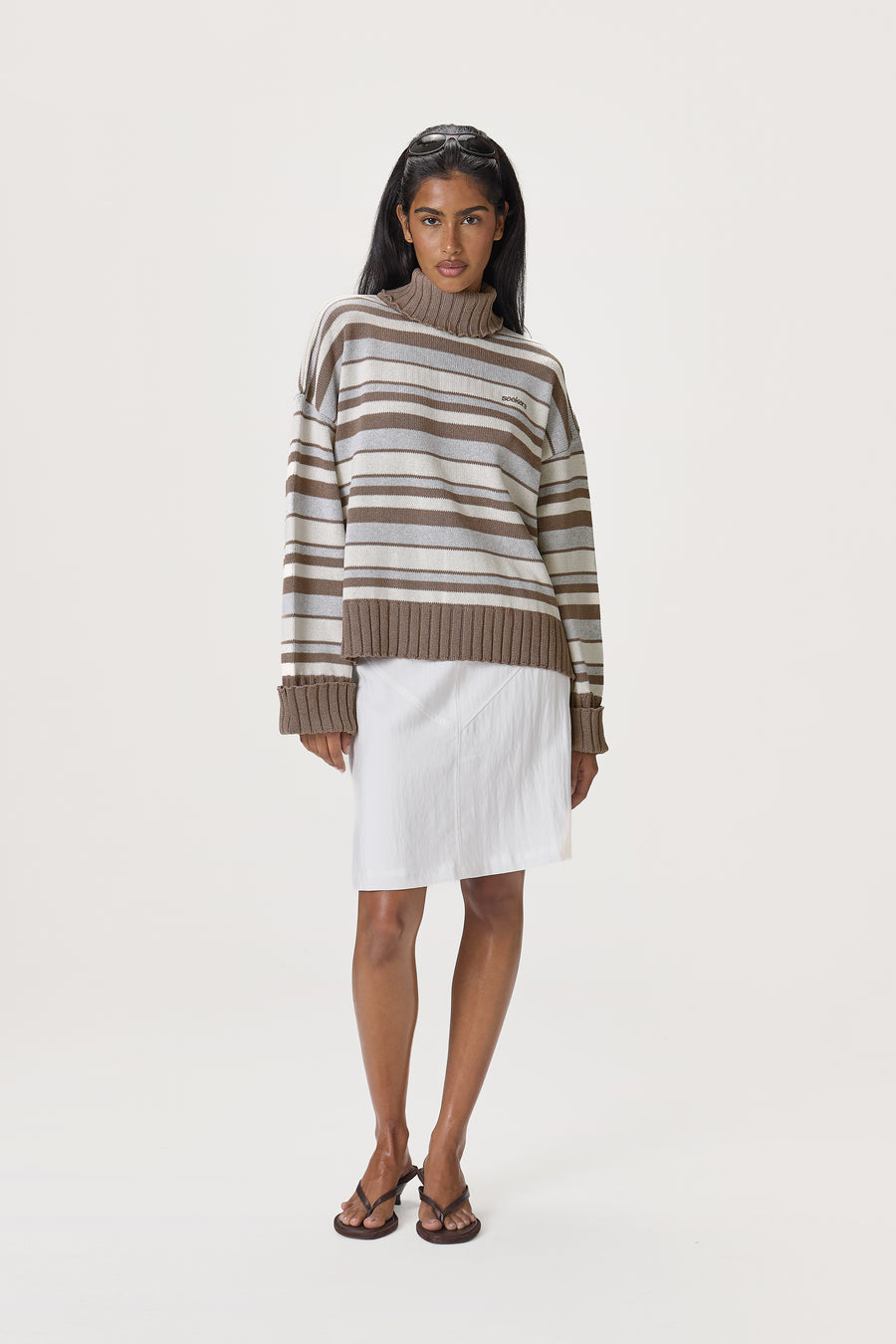Bella Stripe Roll Neck in Neutral Stripe