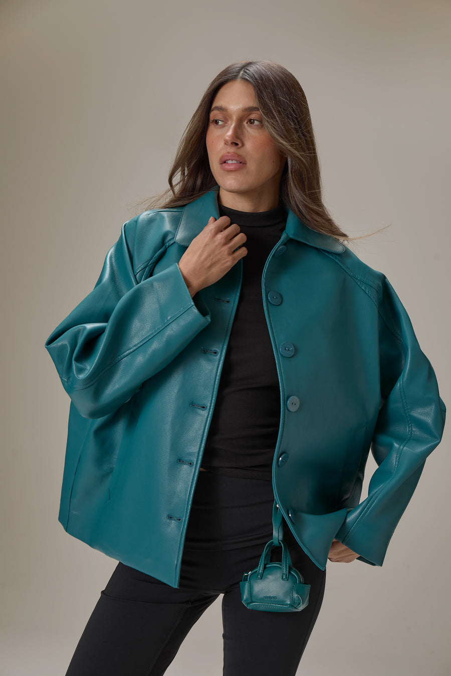 Hollies Classic Faux Leather Jacket in Dark Cyan