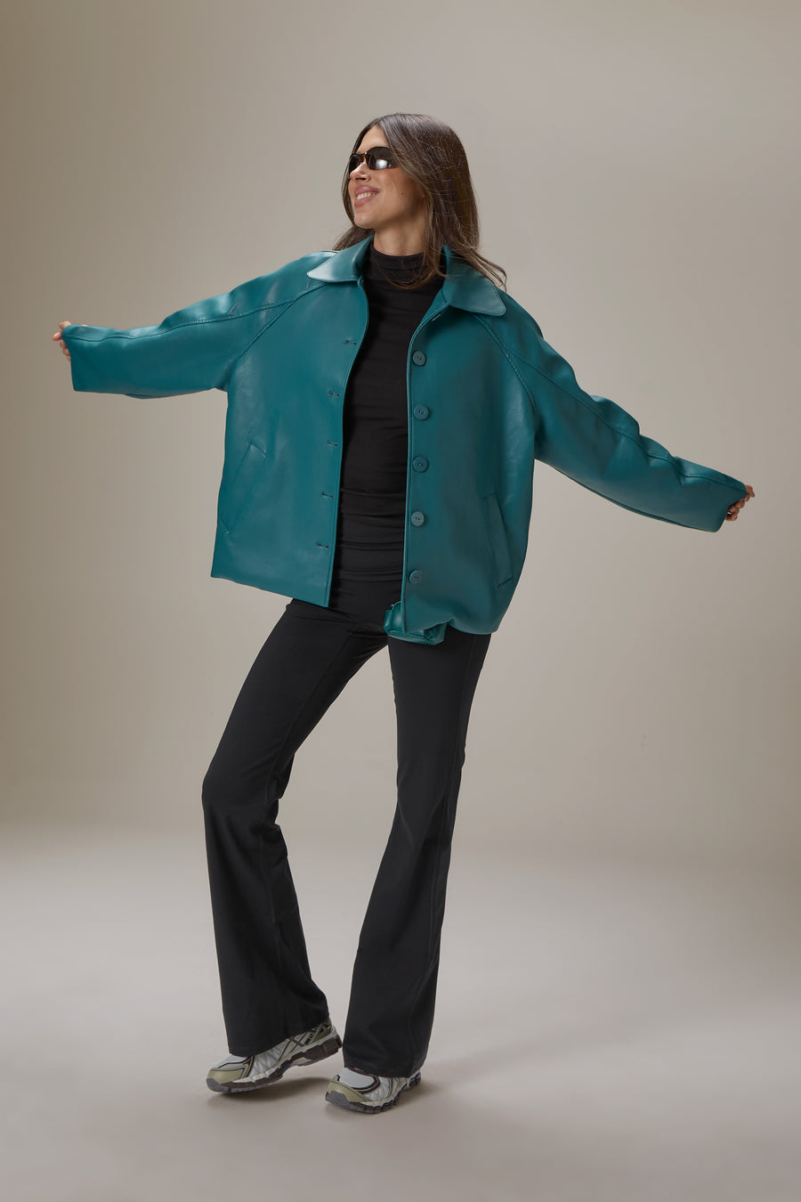 Hollies Classic Faux Leather Jacket in Dark Cyan