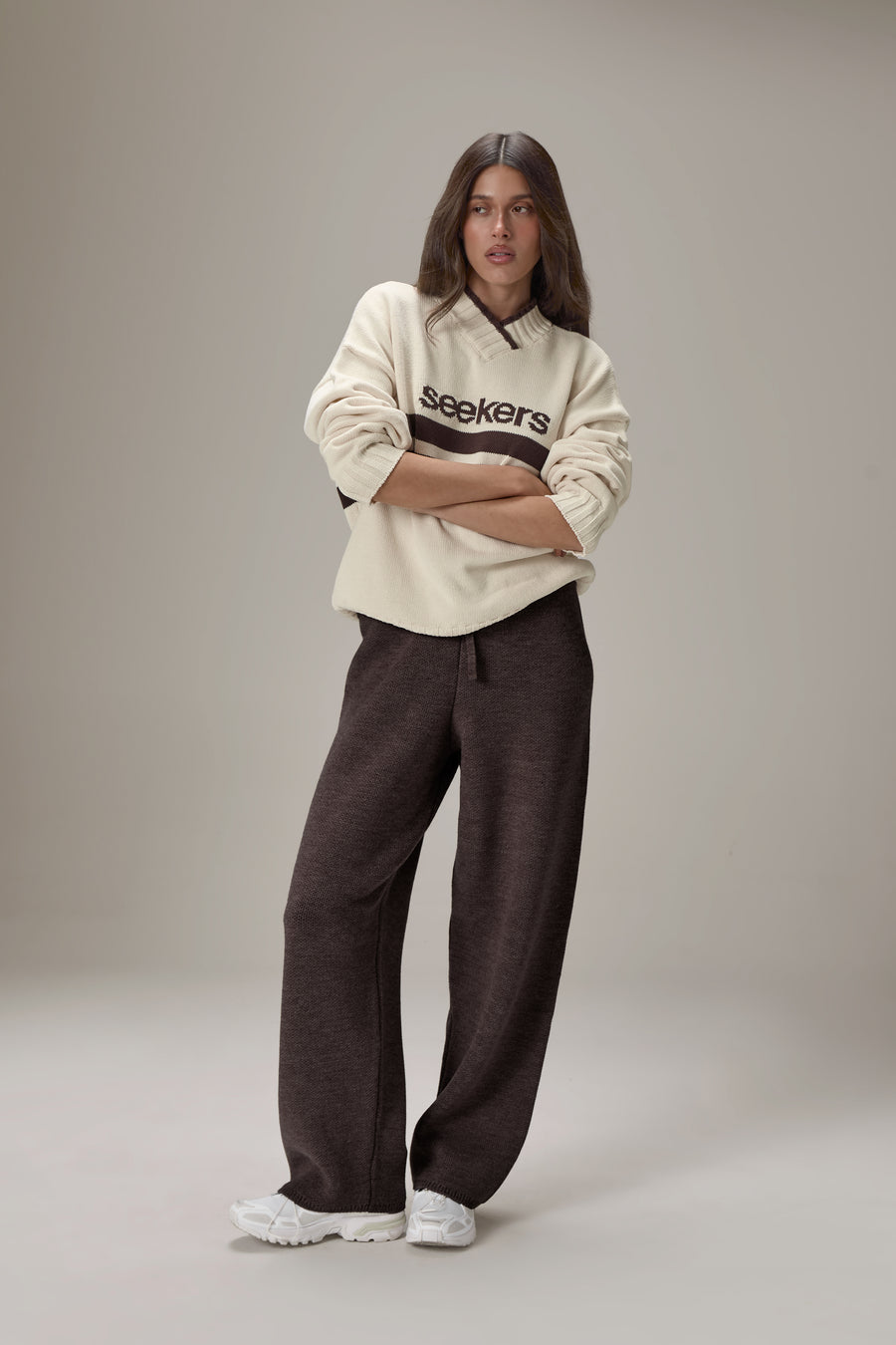 Peggy Logo Knit Sweater in Beige