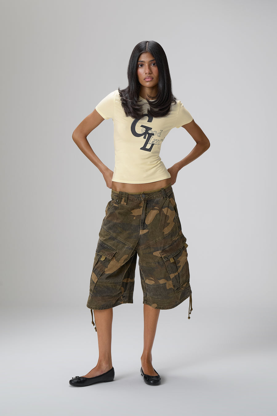 Good Luck Stretch Baby Tee in Yellow