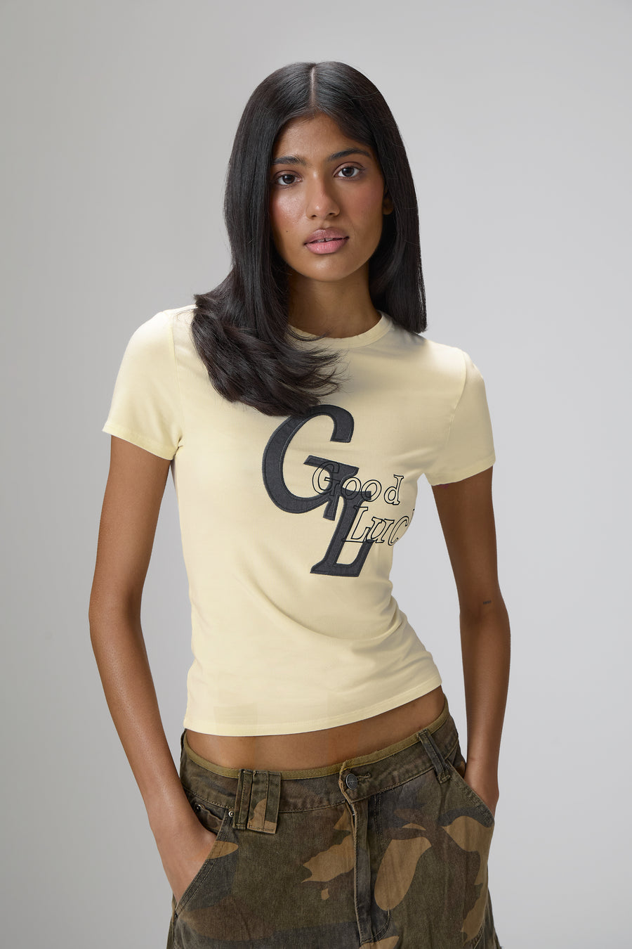 Good Luck Stretch Baby Tee in Yellow