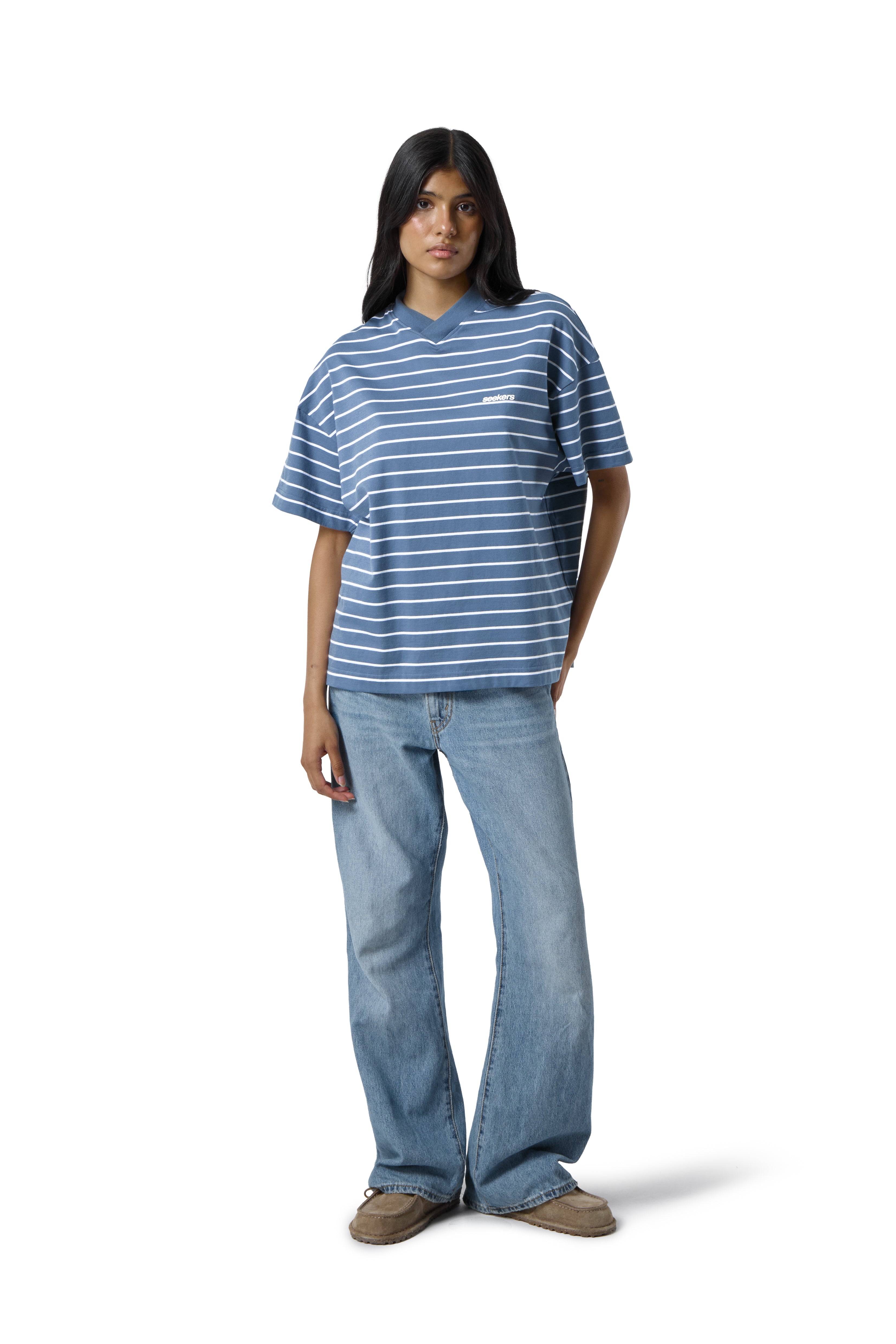 Devon Striped Oversized Tee in Blue Wash