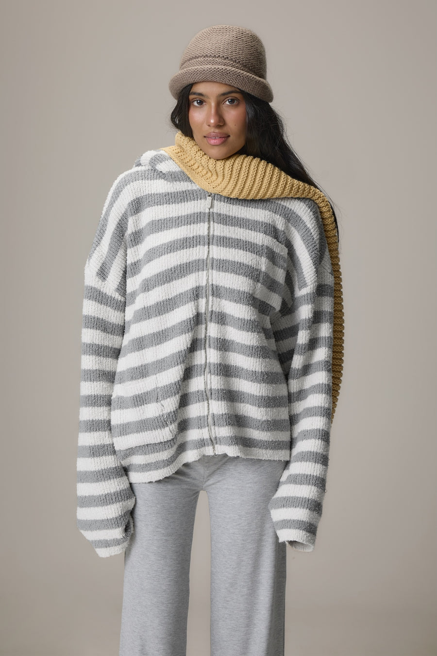 Jasper Knit Hoodie Zip Up in Grey