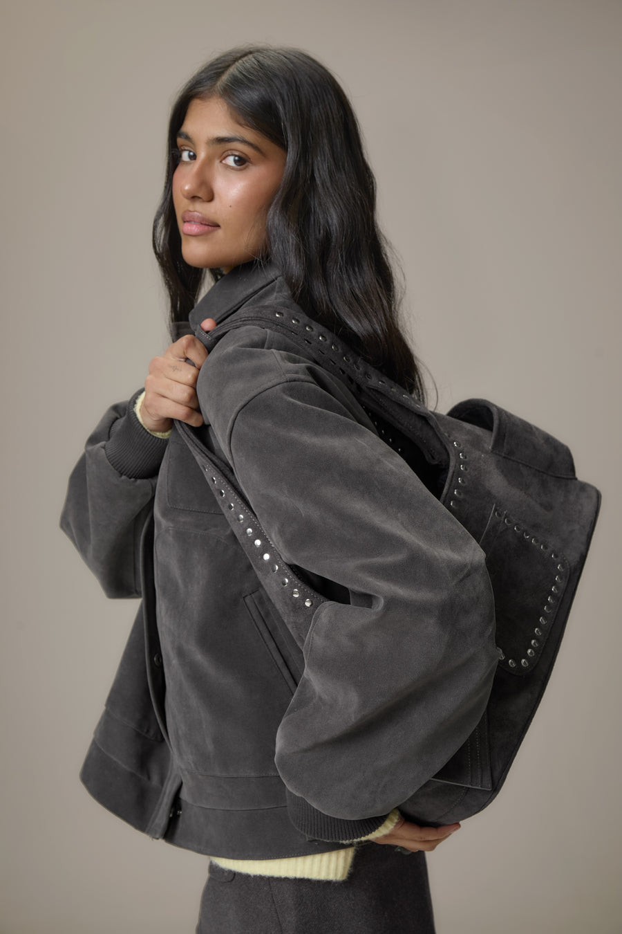 Martha Faux Suede Carryall in Dark Grey