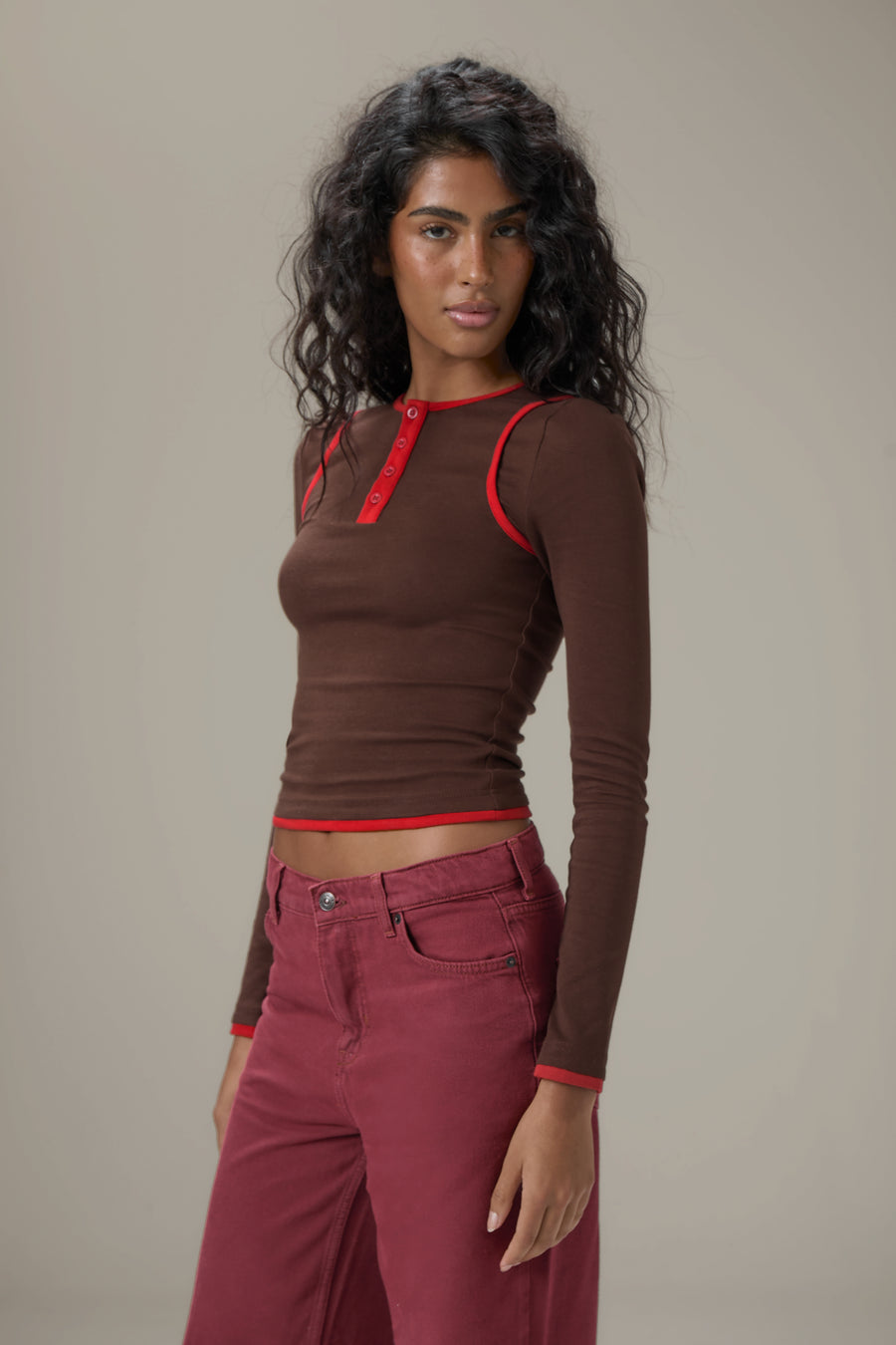Huggie Layered Long Sleeve Top in Brown
