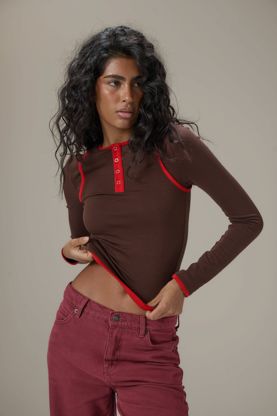 Huggie Layered Long Sleeve Top in Brown