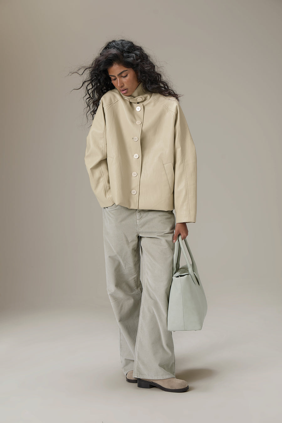 Hollies Classic Faux Leather Jacket in Beige