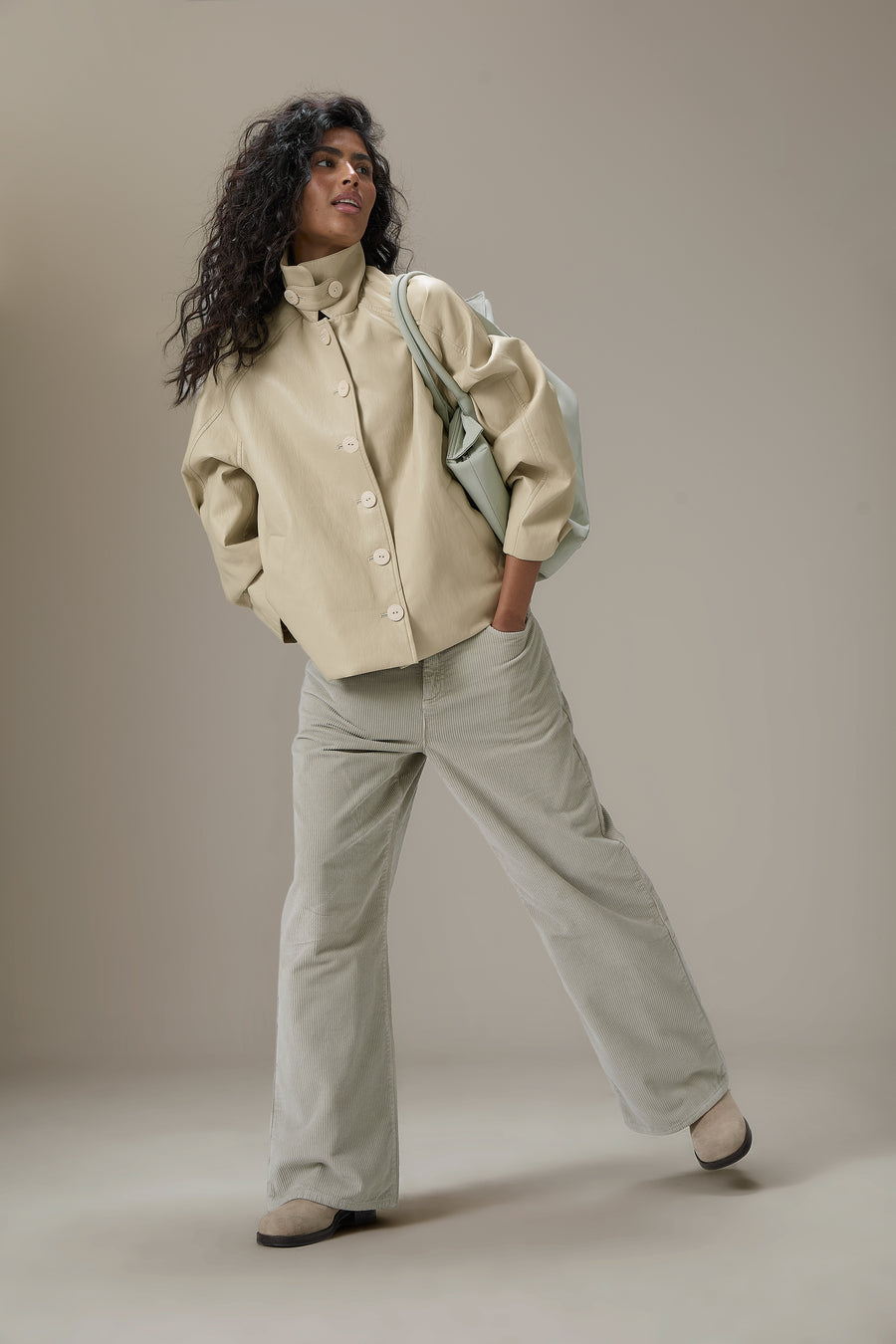 Hollies Classic Faux Leather Jacket in Beige