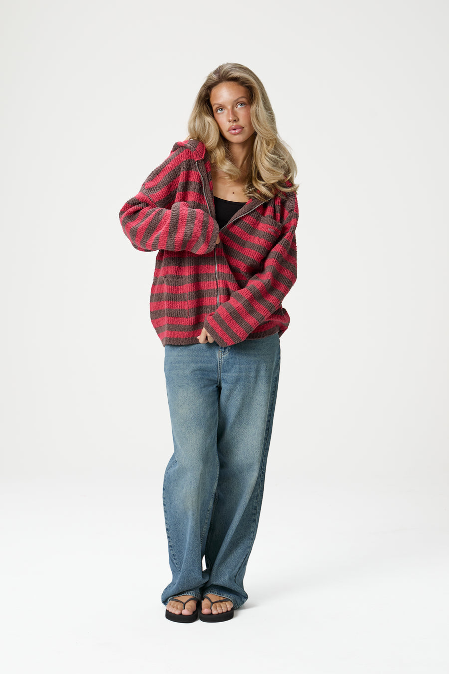 Jasper Knit Hoodie Zip Up in Red
