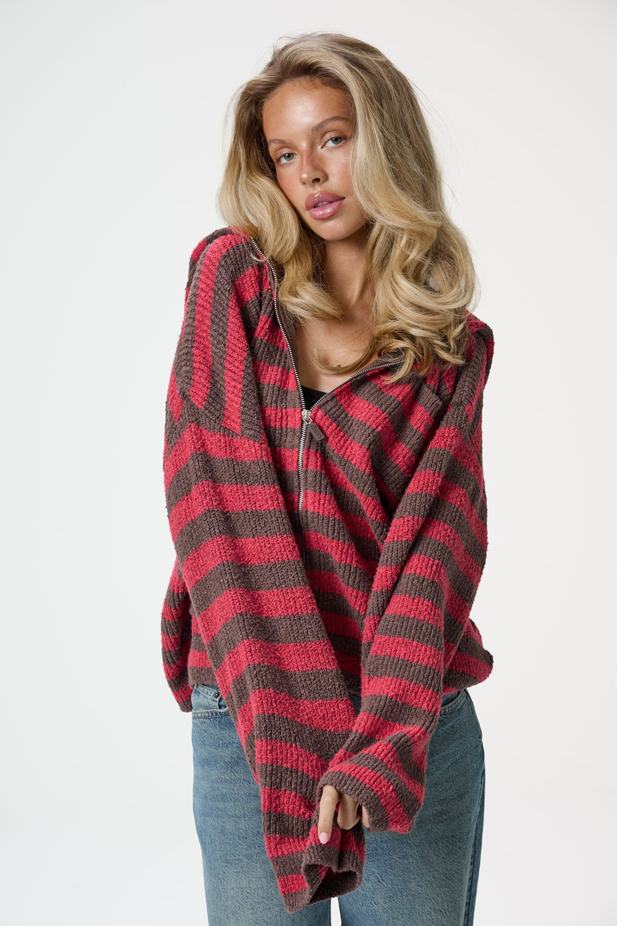 Jasper Knit Hoodie Zip Up in Red