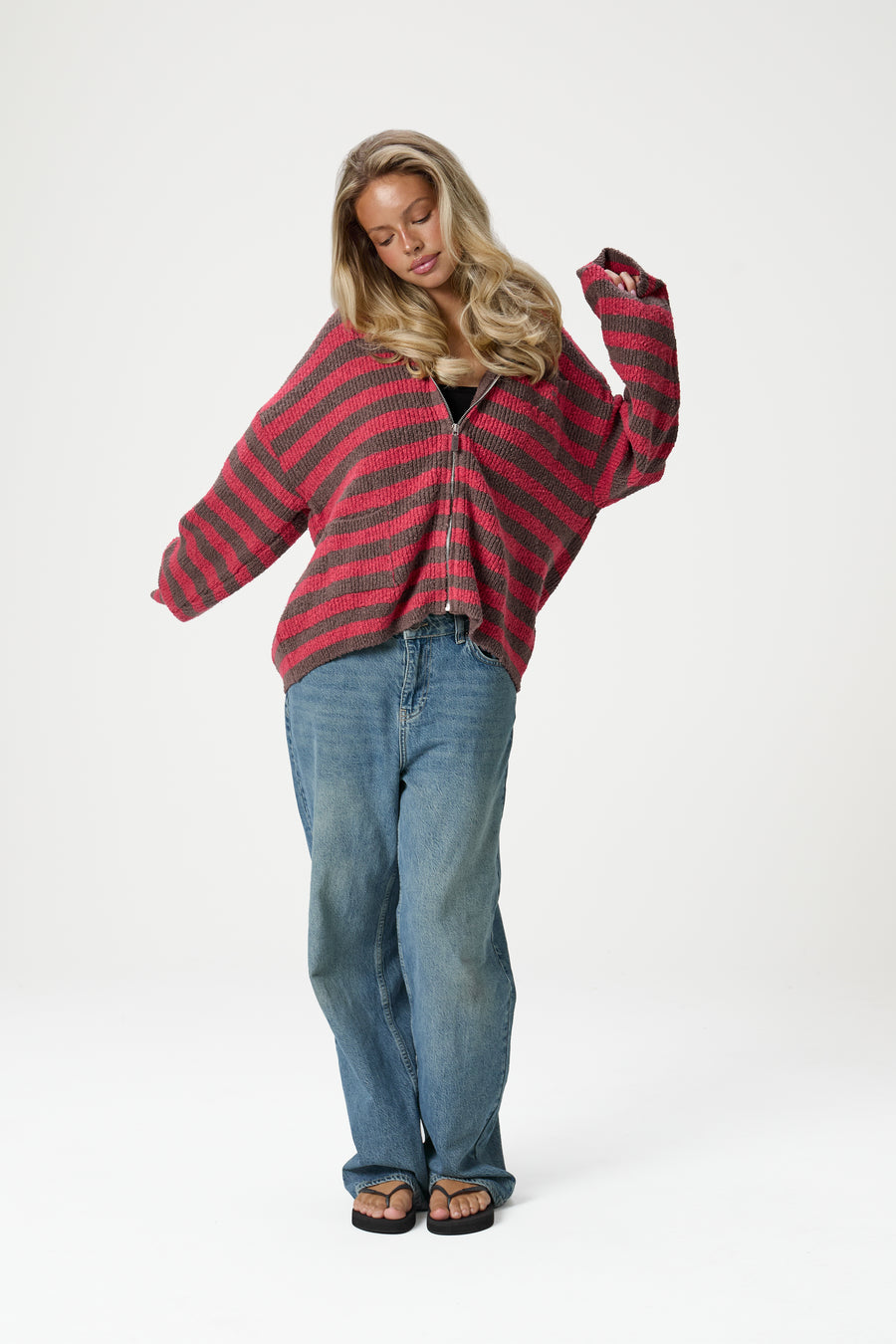 Jasper Knit Hoodie Zip Up in Red