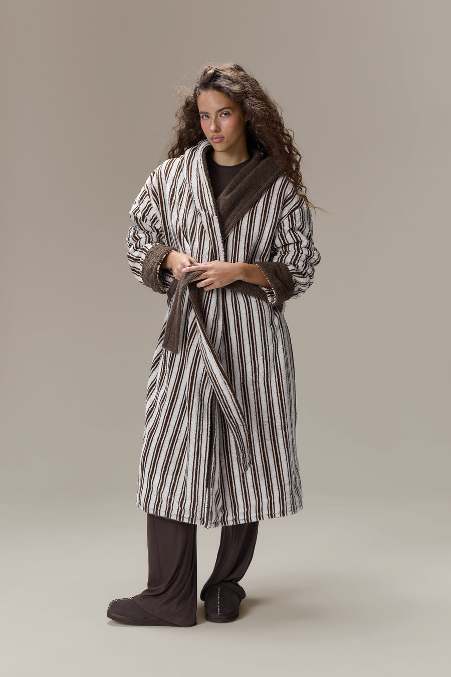 Seekers Sleepwear Reversible House Robe in Brown Stripe