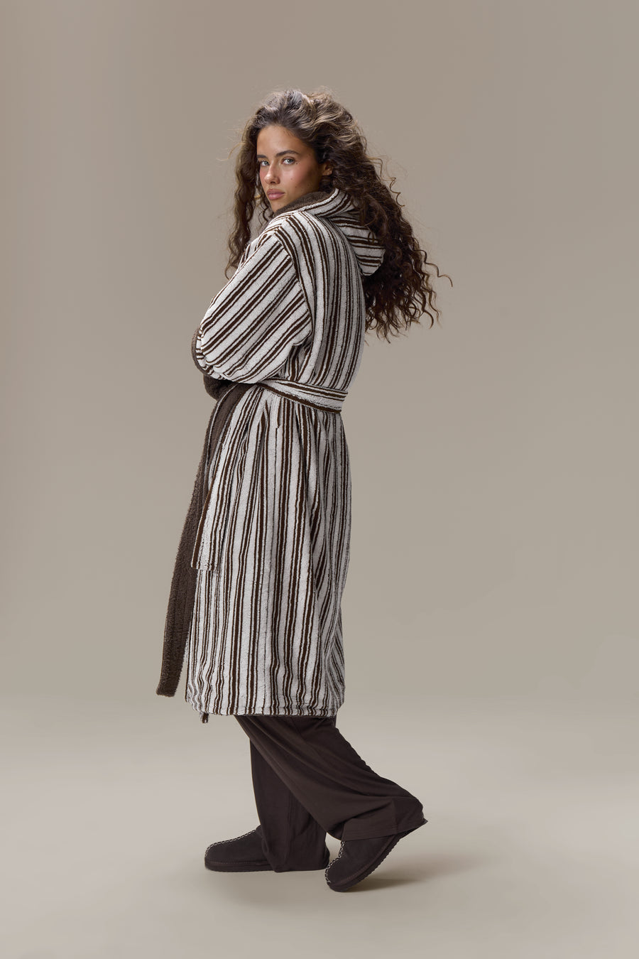 Seekers Sleepwear Reversible House Robe in Brown Stripe
