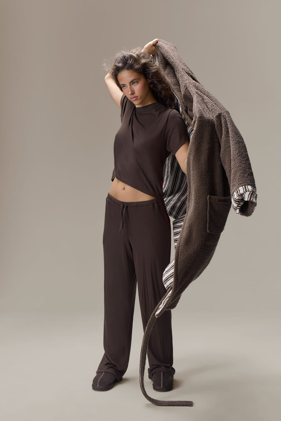 Seekers Sleepwear Reversible House Robe in Brown Stripe