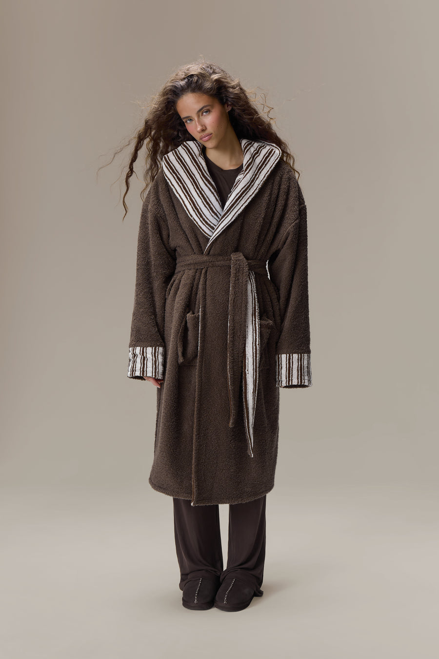 Seekers Sleepwear Reversible House Robe in Brown Stripe