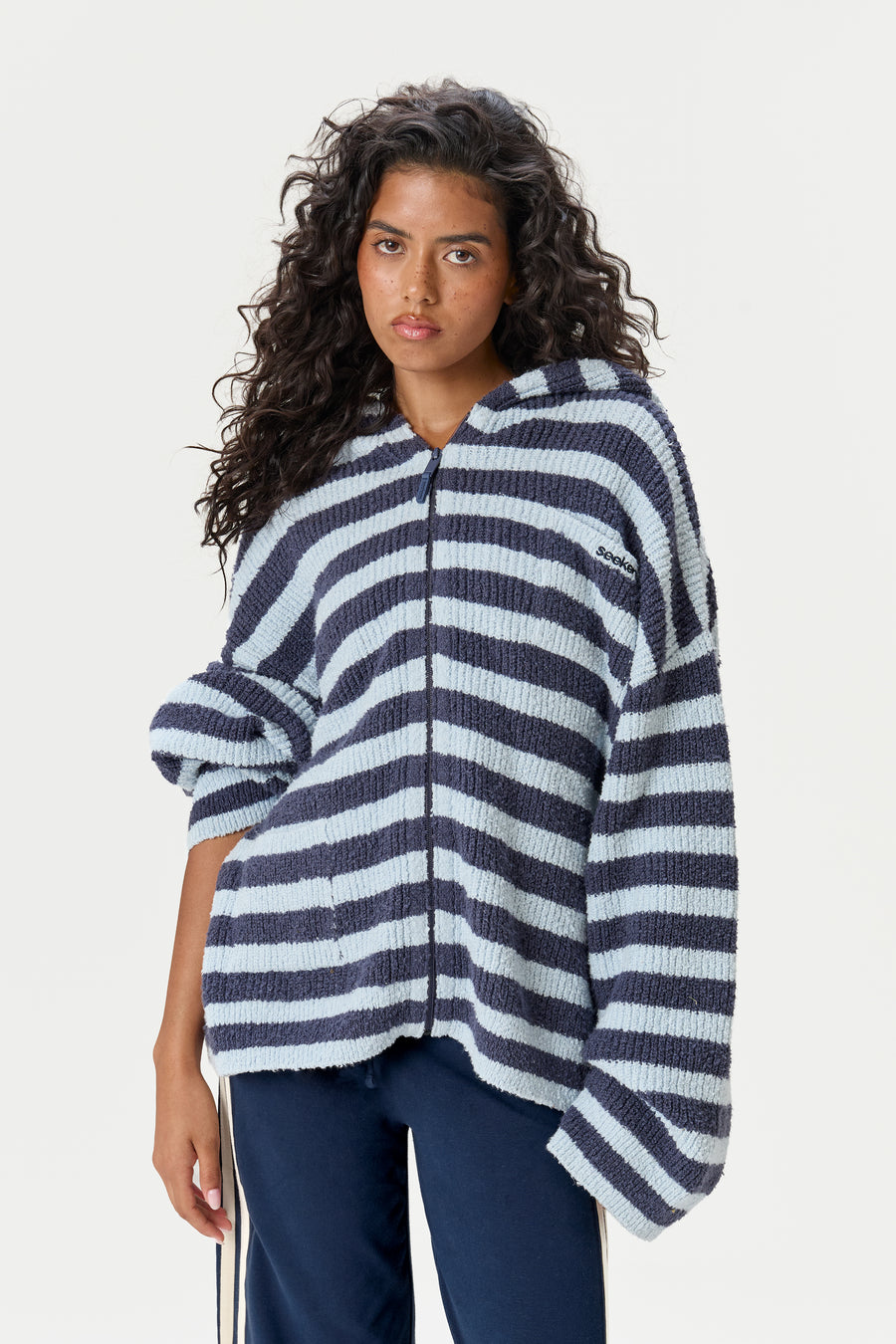 Jasper Knit Hoodie Zip Up in Blue