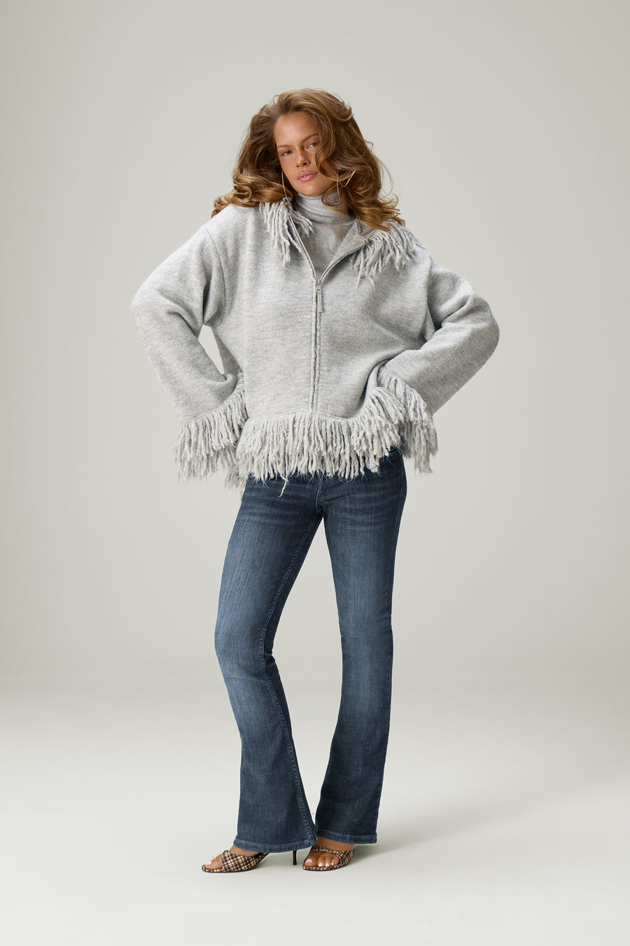 Tuscan Fringe Knit Zip Up in Light Grey