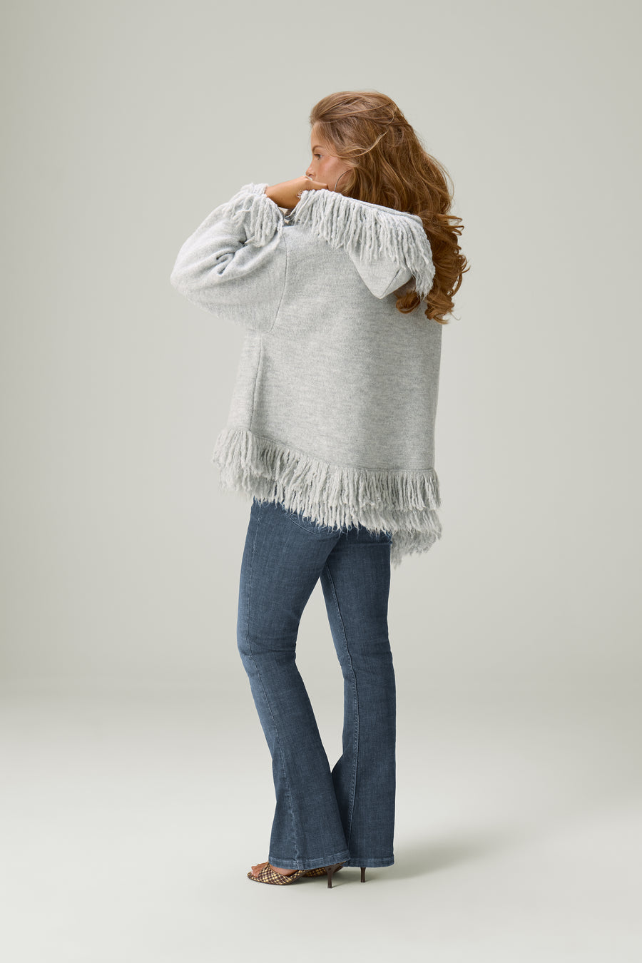 Tuscan Fringe Knit Zip Up in Light Grey