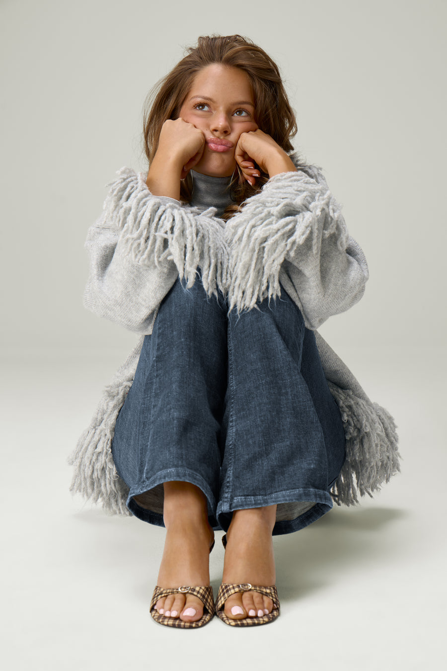 Tuscan Fringe Knit Zip Up in Light Grey