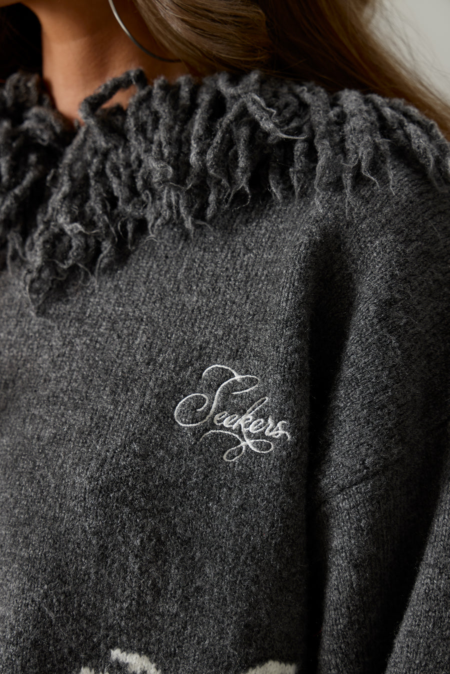 Tuscan Fringe Knit Hoodie in Charcoal