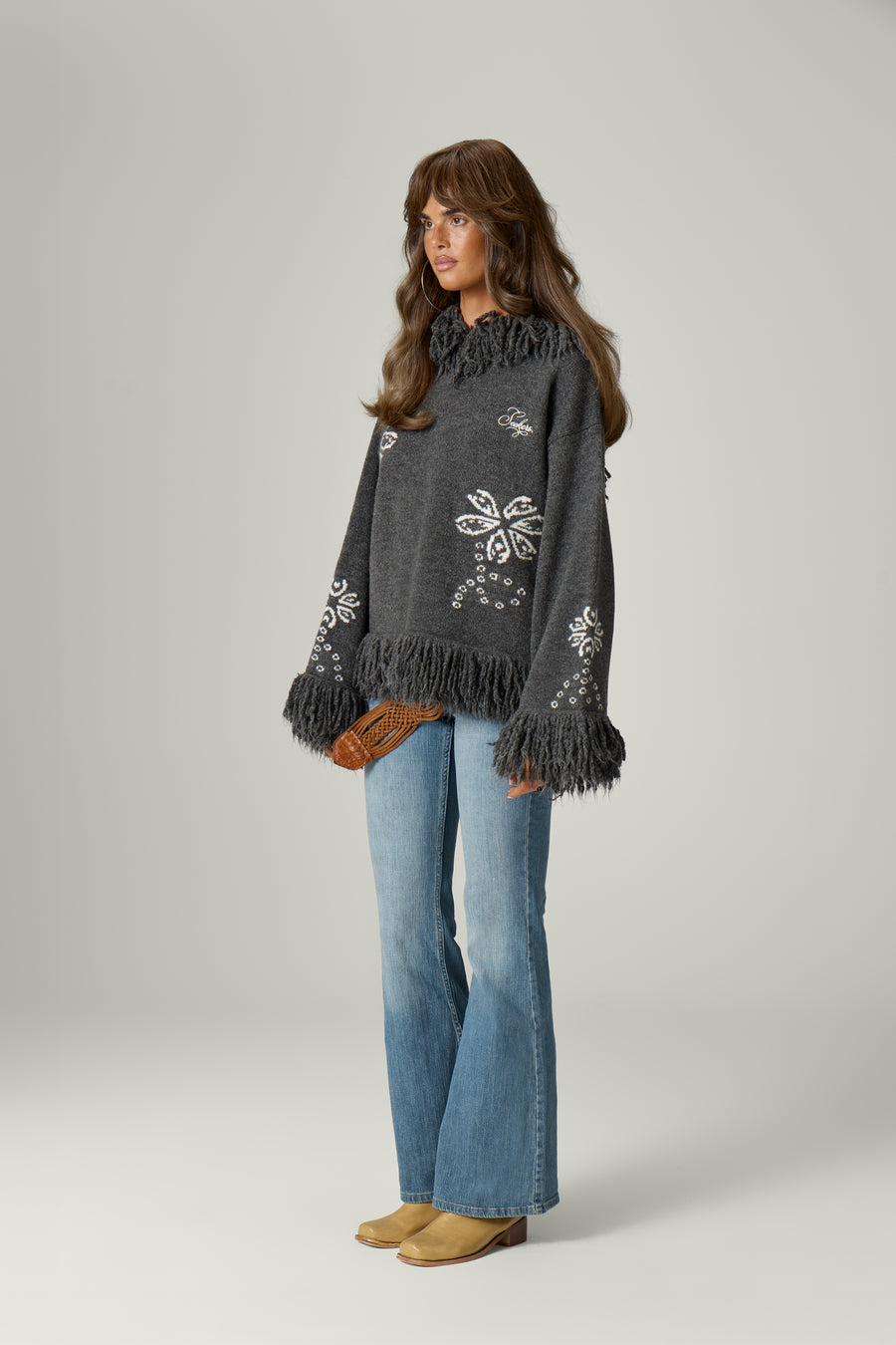 Tuscan Fringe Knit Hoodie in Charcoal