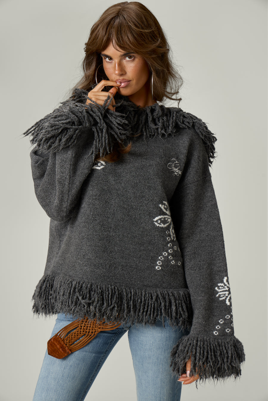 Tuscan Fringe Knit Hoodie in Charcoal