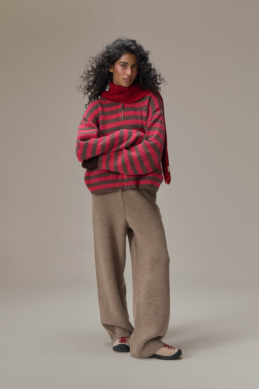 Jasper Knit Hoodie Zip Up in Red