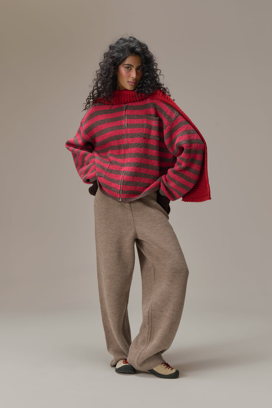 Jasper Knit Hoodie Zip Up in Red