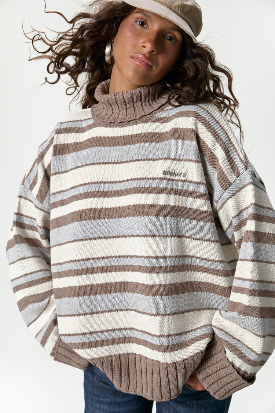 Bella Stripe Roll Neck in Neutral Stripe