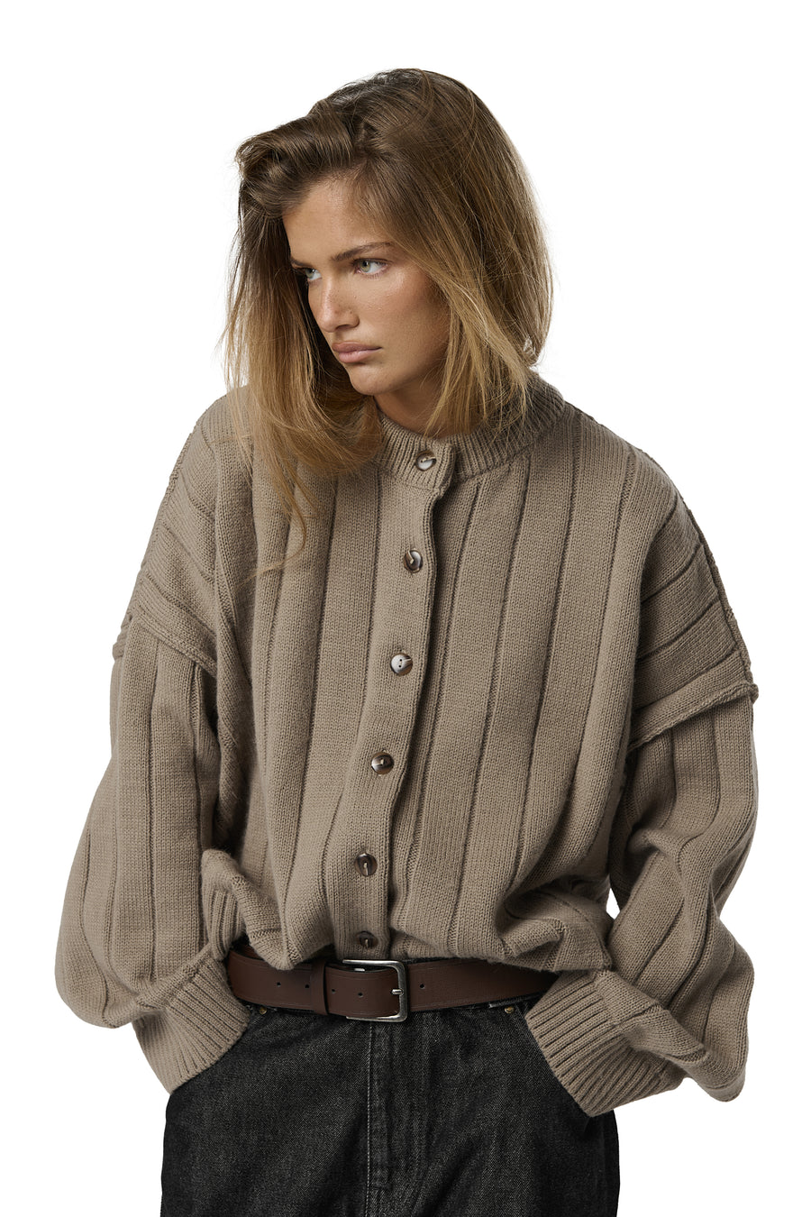 Bryant Button Cardigan in Beige