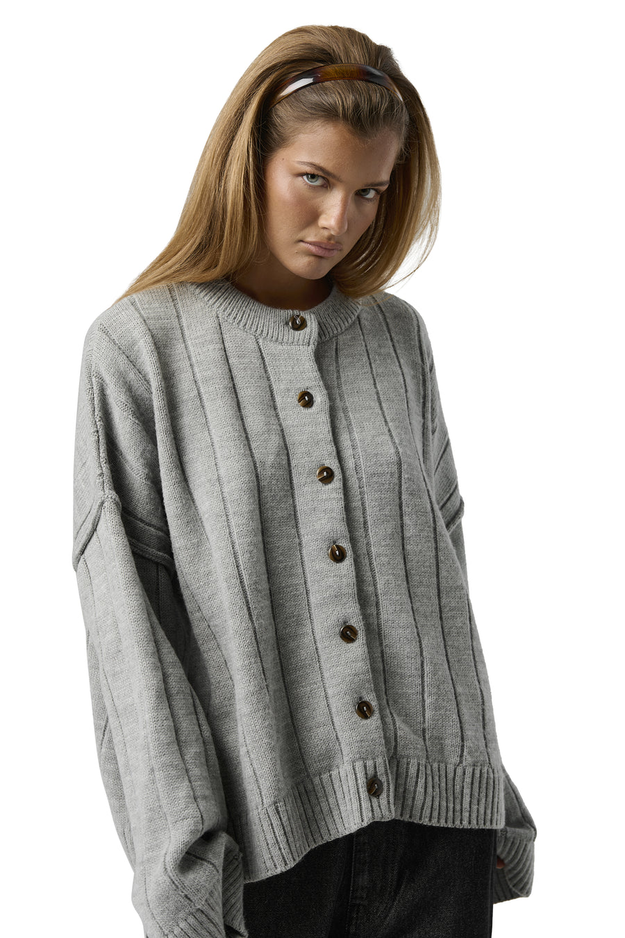 Bryant Button Cardigan in Light Grey