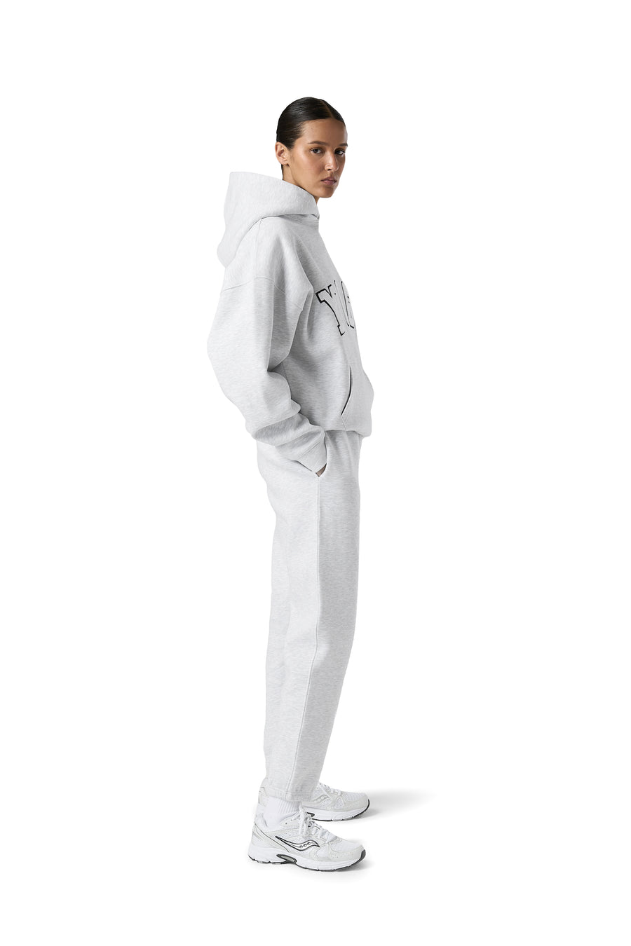 White hoodie with grey sweatpants sale