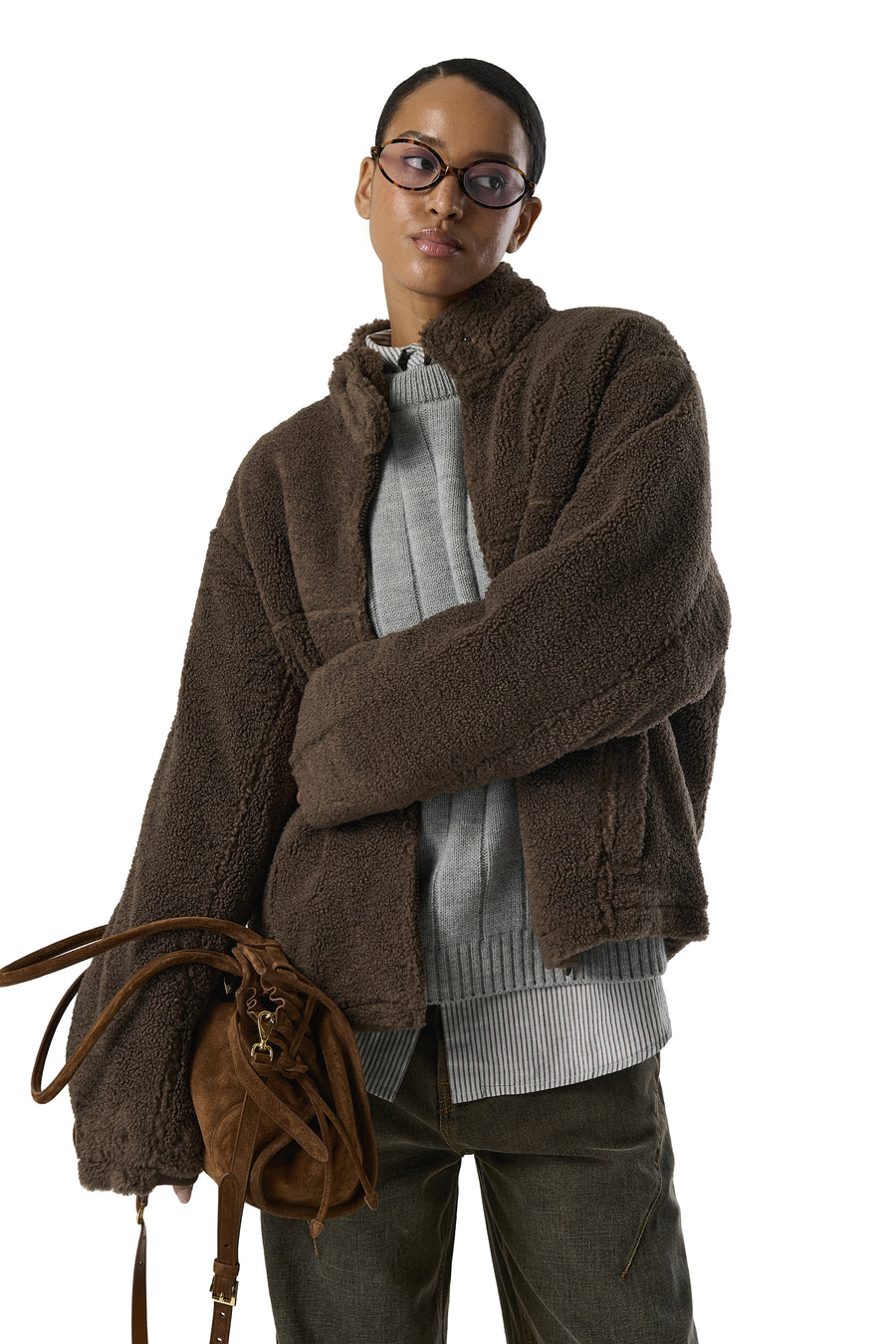 STRAY Textured Biker Jacket in Brown