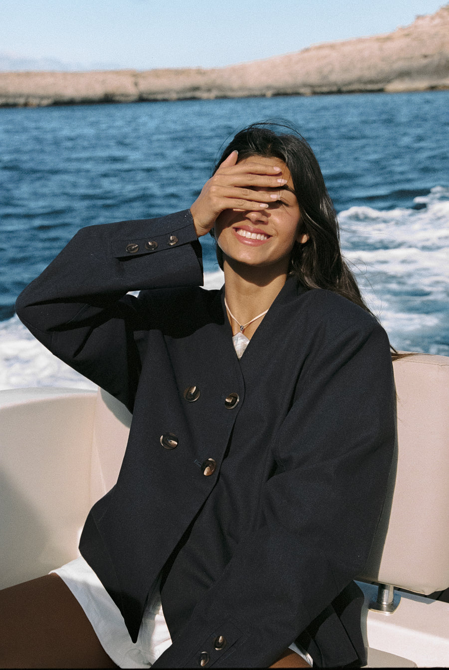 Emmie Double Breasted Linen Blazer in Navy